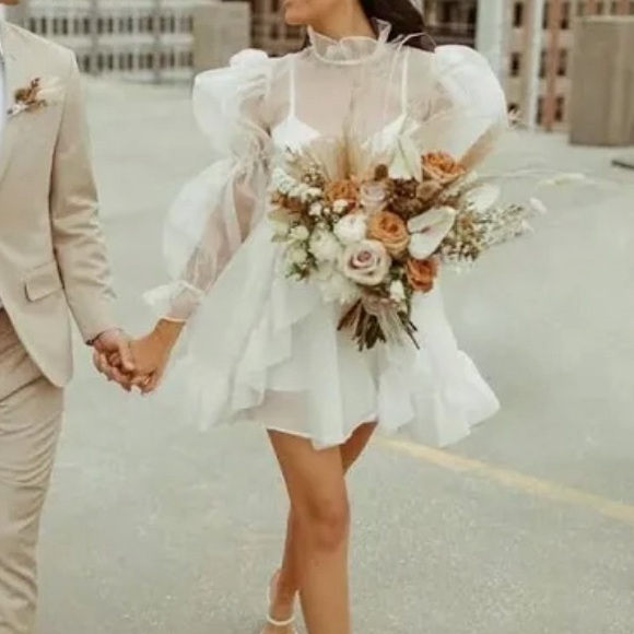 Short Tulle A-Line Wedding dress Long Puff Sleeves High Neck - Picture 2 of 8